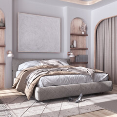 Classic bleached wooden bedroom with master bed, parquet floor, niches and carpet in white and beige tones. Arched door with curtains and shelves. Farmhouse interior design