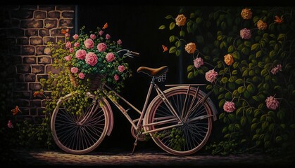 Fototapeta na wymiar Bicicleta rosa con flores rosas