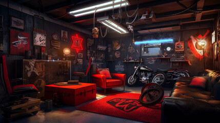 motorcycle in neon garage