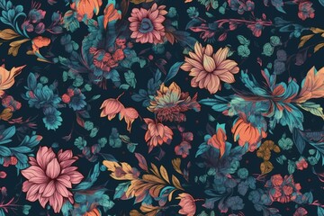 vibrant floral pattern on a dark blue background. Generative AI