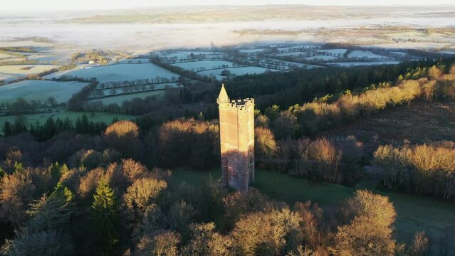 Aerial of King Alfred's Tower, a folly near Stourheard, Somerset, England, United Kingdom, Europe