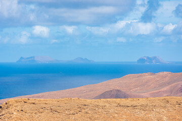 Panorama of Caldera Blanca volcano in Lanzarote, Canary Islands,  Spain