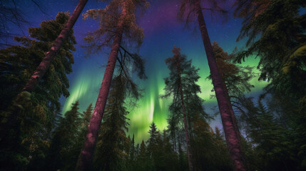 aurora borealis through the forest
