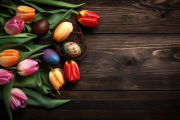 vibrant tulips arranged on a rustic wooden table. Generative AI