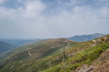 Dry tree trunks and bushes on cliff with mountains on the horizon in gradient, Arganil PORTUGAL 