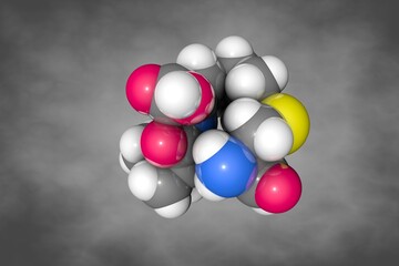 Cilastatin. Space-filling molecular model. Atoms are shown as spheres with conventional color coding. 3d illustration