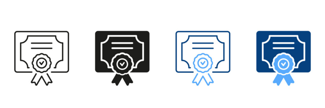 Diploma Silhouette and Line Icon Set. Certificate with License Badge Color Sign. Winner Medal Pictogram. The Award, Grant, Diploma Symbol Collection. Isolated Vector Illustration