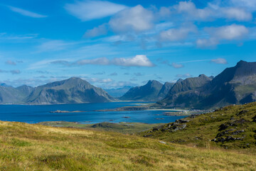 Hiking trail of Mount Ryten to go to Kvalvika Beach in the Lofoten Islands,  Norway