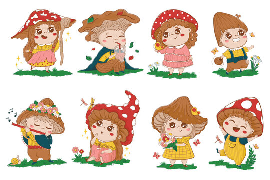 Collection of funny fairy tale characters of children with mushroom hats in cartoon doodle style. Clipart for decoration of children's goods, stationery, nursery