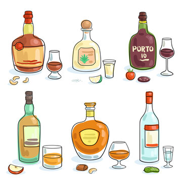 Set of six bottles of strong alcohol with shot glasses and snacks. Collection in line style. Isolated on white background.  Vector flat illustration. Template for menu design