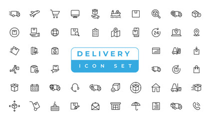 Fototapeta na wymiar Logistics icon set. Containing distribution, shipping, transportation, delivery, export and import icons. Delivery line icons set. Shipping icon collection Vector