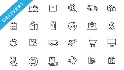 Logistics icon set. Containing distribution, shipping, transportation, delivery,  export and import icons. Delivery line icons set. Shipping icon collection Vector