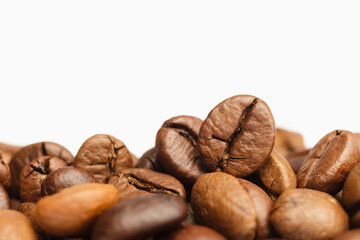 Coffee beans border on white background. Copy space for text