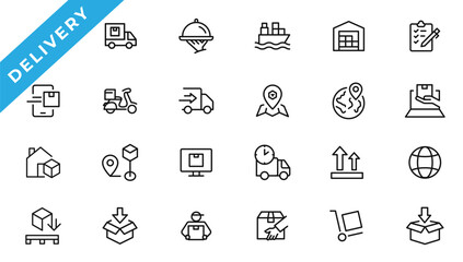 Logistics icon set. Containing distribution, shipping, transportation, delivery,  export and import icons. Delivery line icons set. Shipping icon collection Vector