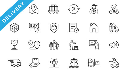 Logistics icon set. Containing distribution, shipping, transportation, delivery,  export and import icons. Delivery line icons set. Shipping icon collection Vector