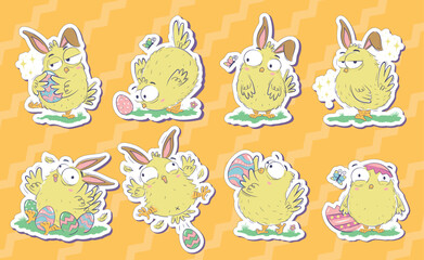 Bundle of stickers of funny chicks with easter eggs and bunny ears in doodle sketch style ready to print. Hand drawn horizontal banner with funny domestic birds