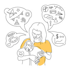 Woman freelancer working from home with child. Freelance, mothers day concept. Vector Line art person illustration