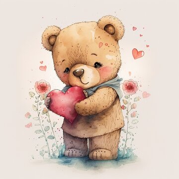 Cute bear watercolor illustration, hand-drawn, isolated background