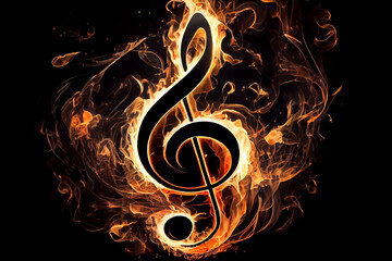 Fiery musical treble clef on a dark background. Generative AI