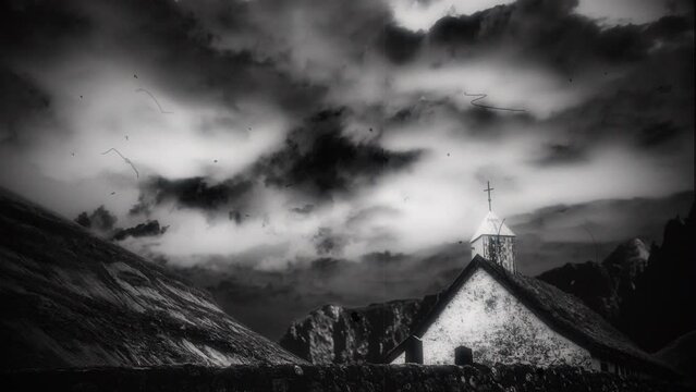 Church House Cross Moonlight Mountains Vintage Style Background Zoom In. Cloudy sky over an old church house in the mountains, retro style zoom in. Old film texture