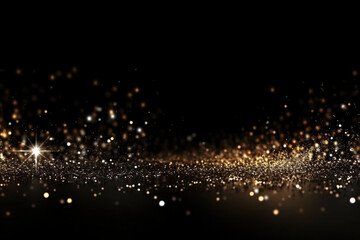 Obraz na płótnie Canvas Beautiful black abstract background with sparkles and copy space. Backdrop with golden glitter, sequins. Celebration, festive, event. Bokeh effect. Trendy design. Generative AI.