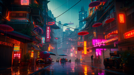 Raining in Futuristic Sci-fi Cityscape of Modern Technology,  in Cyberpunk Game Style. Generative AI.