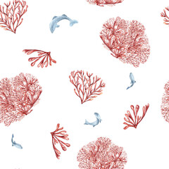 Seamless pattern of sea plants, coral watercolor isolated on white background. Pink agar agar seaweed and fish hand drawn. Design element for package, textile, paper, wrapping, marine collection © Ekaterina Lanbina