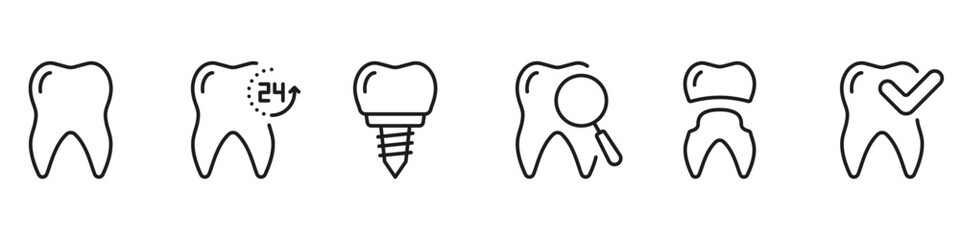 Dental Protection Line Icon Set. Orthodontic Procedure and Diagnostic Linear Pictogram. Tooth Health Checkup. Dentistry Outline Symbol. Dental Treatment. Editable Stroke. Isolated Vector Illustration