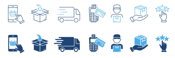 Purchase Guide Blue Pictogram Set. Stages of Delivery Process Silhouette and Line Icons. Order on Mobile Phone, Package Shipping, Payment, Rating Icon. Editable Stroke. Isolated Vector Illustration