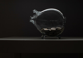 Skarbonka świnka, przeźroczysta, szklana z monetami 5 zł - obrazy, fototapety, plakaty