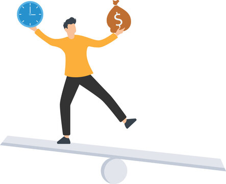 Man value time is money, Time value of money, money worth more important than future, inflation or earning cost, money depends on time, man stands on the balance stand or holding money sack and clock.