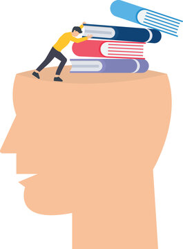 Clearing mind for new information, Unlearn, forget wrong information or knowledge, erase or delete memory, learn new something, man throws books and knowledge brain.
