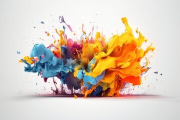 Explosion of colorful paint on white background in shape of splash and splashes, created with generative ai