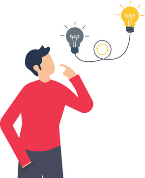 Businessmen adapting to new ideas, Rethink or thinking again, better results, thinking of new ways,  solving problems or decisions, innovative ideas to disrupt illustrations, man thinking near bulb