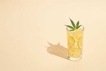 Glass of water with ice, lemon slices and marijuana leaf against bright sunny background. Minimal summer concept. Copy space.
