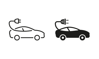 Electric Car with Plug Line and Silhouette Icon Set. Hybrid Eco Auto Transport. Electricity Energy Car Symbol Collection on White Background. Ecology Automobile Sign. Isolated Vector Illustration