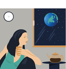 woman is having a coffee and watching the earth