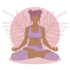Fototapeta na wymiar Faceless illustration. A black girl with purple hair in a purple tracksuit is meditating. Lotus position. On a pink background with tropical leaves. Flat style vector. Design for poster, postcard, yog