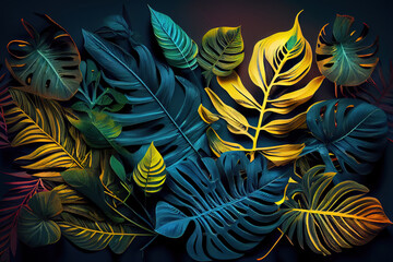 Creative fluorescent color layout made of tropical leaves. Generative Ai