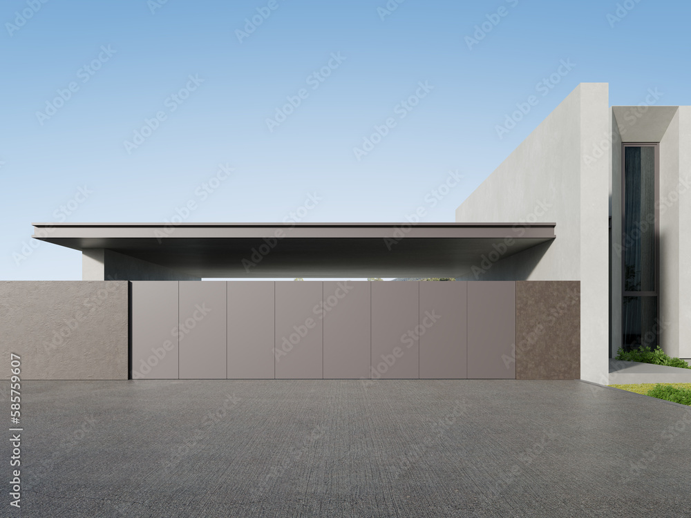 Poster 3d rendering of white modern house with garage entrance, minimal architecture.
