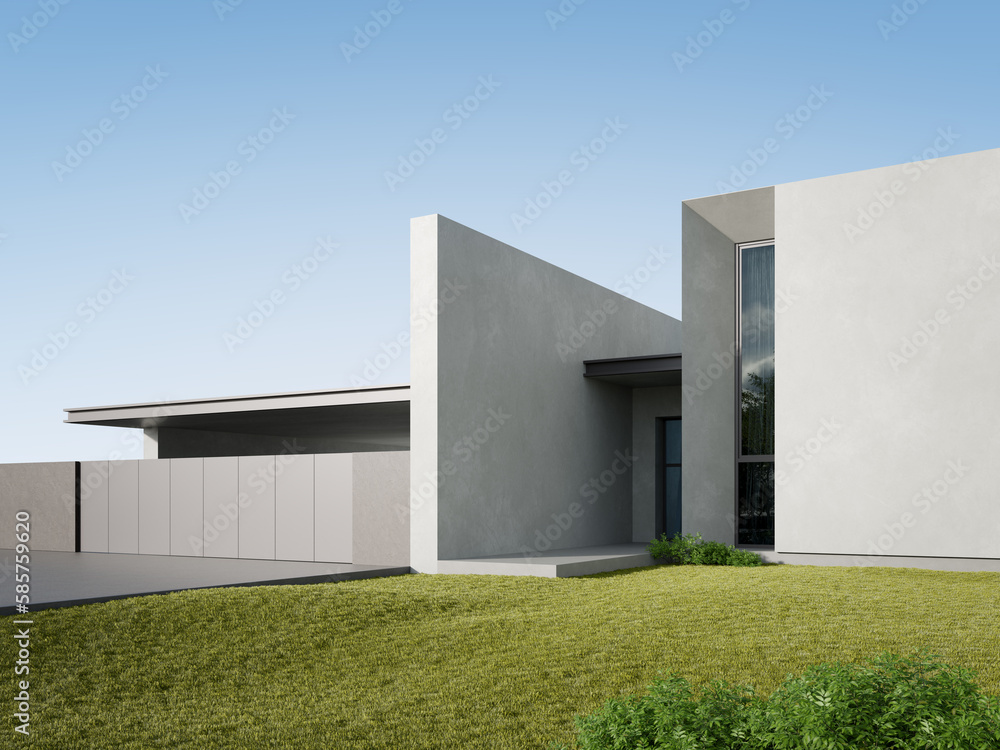 Poster 3d rendering of white modern house with garage entrance, minimal architecture.