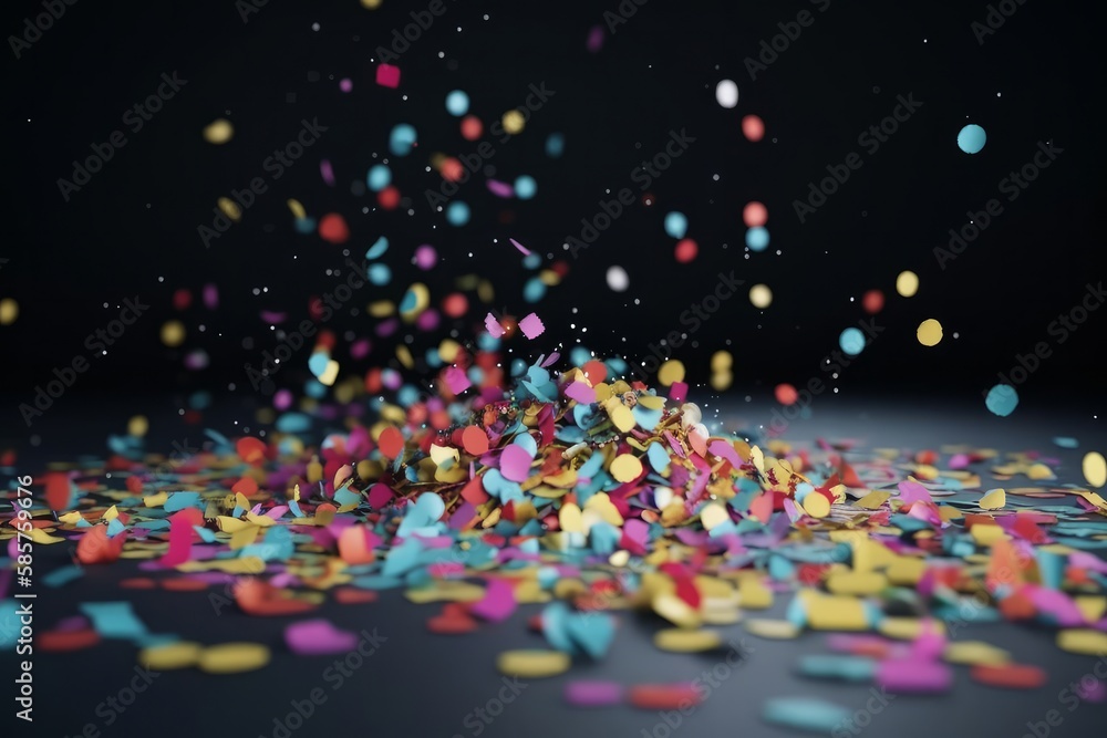 Poster abstract color particles on black background, close-up. generative ai