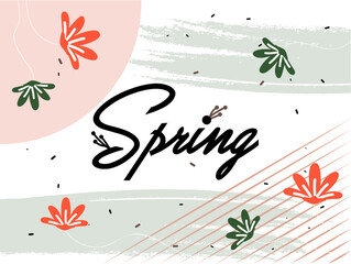 Fototapeta na wymiar Hello Spring hand drawn logotype. Lettering spring season with flower and minimal background.