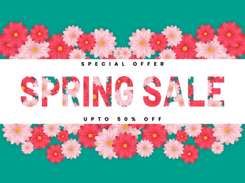 Beautiful Hello spring sale floral background, Bold paper cut logotype vector illustration.