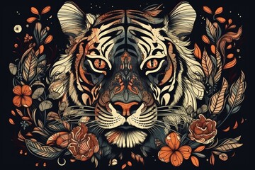 majestic tiger in a floral setting. Generative AI