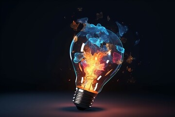 Glowing yellow light bulbs, realistic image, turn on the tungsten light bulb. Image for book, video, game. Generative AI