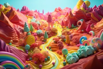 A fairy tale landscape full of lollipops and sweets is a whimsical and fantastical scene. Generative AI