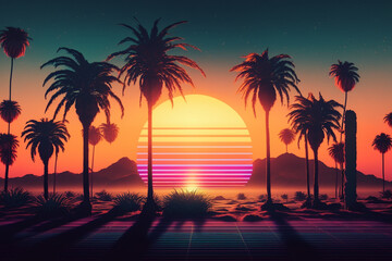 Obraz na płótnie Canvas Sunset with Synth wave vibes and palm trees. 80's retro color scheme ocean wave landscape. Synthwave-inspired sunset with palm trees and neon lights. Created with generative technology.