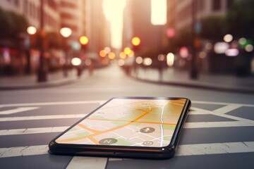 Online map navigator application on smartphone interface, idea for transportation technology, Generative Ai
