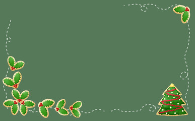 クリスマス☆イラスト素材 柊とツリーとのアイシングクッキー・ミシン目入り グリーン背景 色違い・差分有